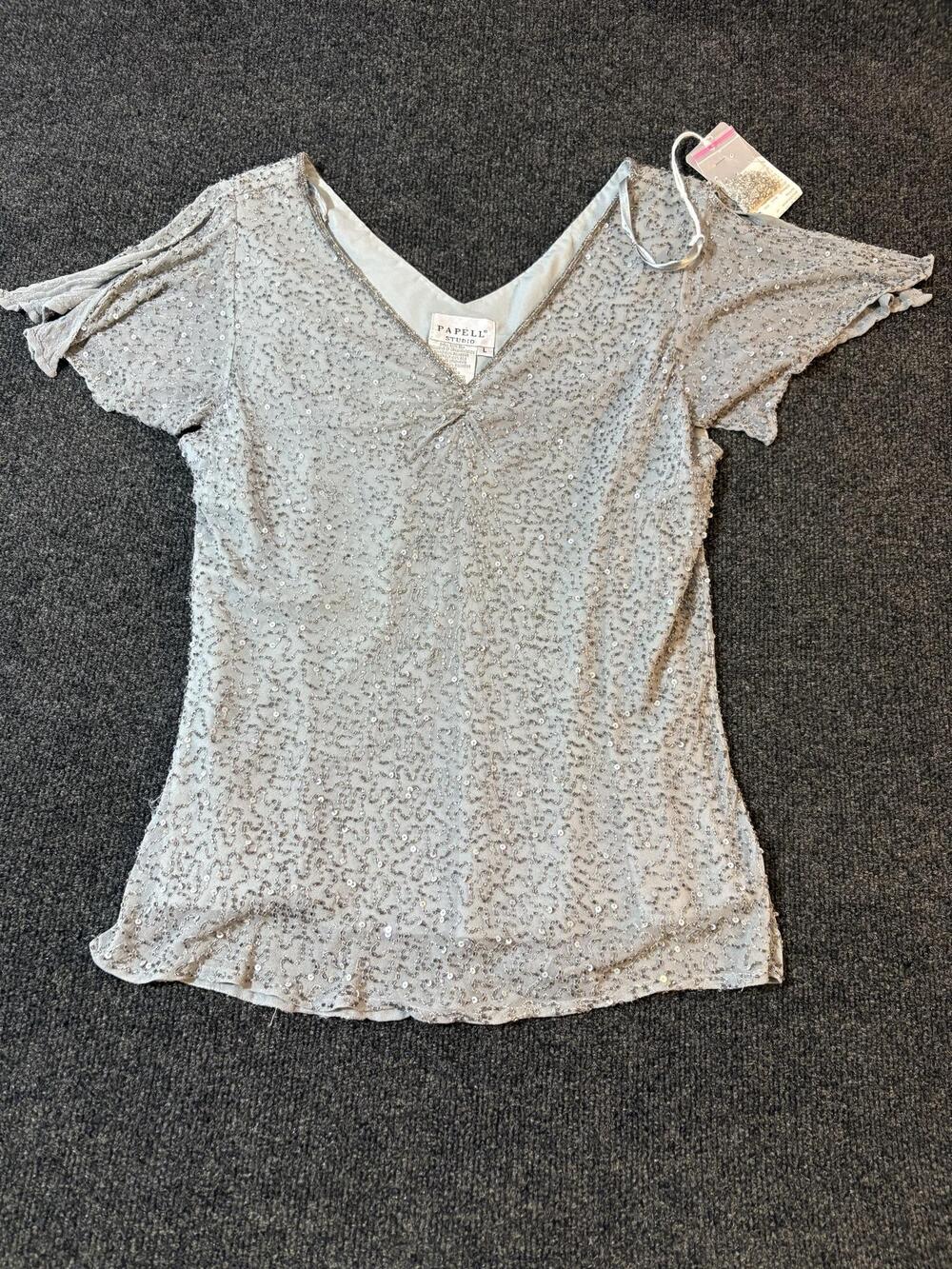 Papell Studio Blouse Womens L Gray Beaded Sequin Mesh V Neck Short Sleeve Top